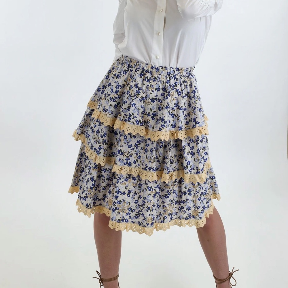 Floral Lace Trim Skirt - Blue and Yellow